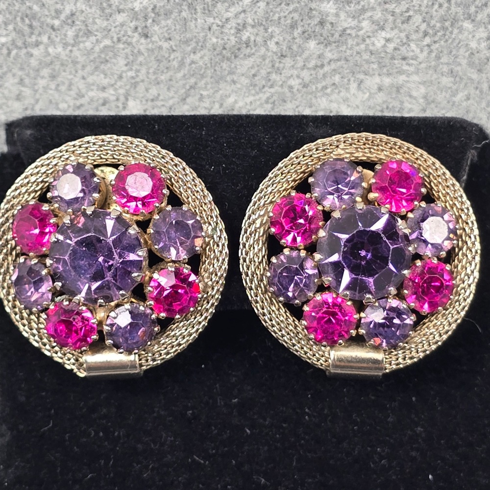 Vintage Weiss Purple Fuchsia Rhinestone Crystal Mesh Border Clip On Earrings